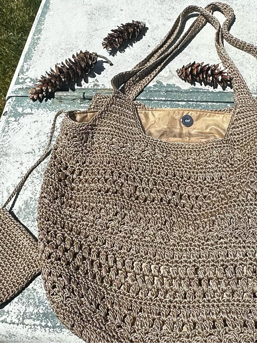 Woven Crochet Tote Bag in Tan - Picture 4 of 14